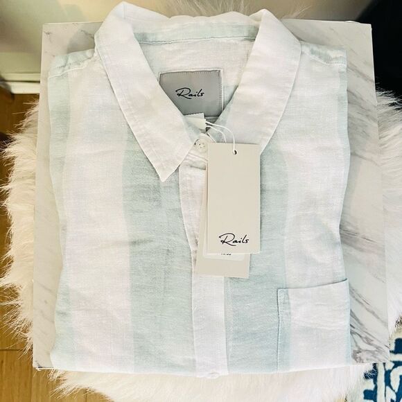 RAILS Women's Charli Awning Stripe Linen Blend Blouse, XL‎ (14), White/Blue, NWT - Picture 8 of 15
